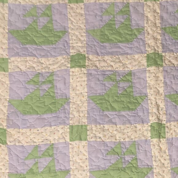 Reversible Hand Made Quilt with Patterned Sail Boats - Picture 2 of 7